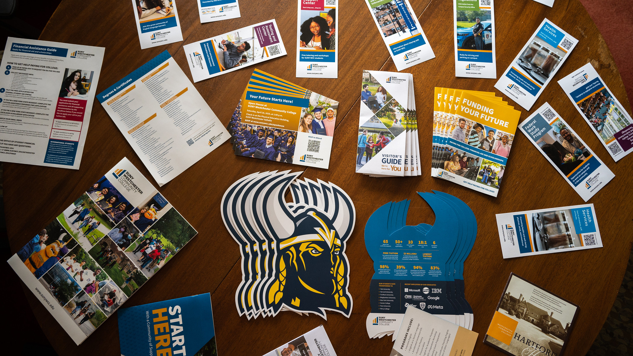 Publication samples on a table, viewed from above